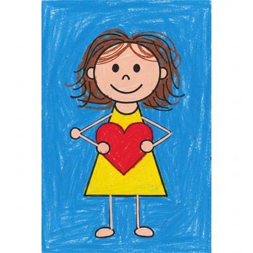 Child's Drawing of Little Girl Holding Heart Shape in Vivid Colors