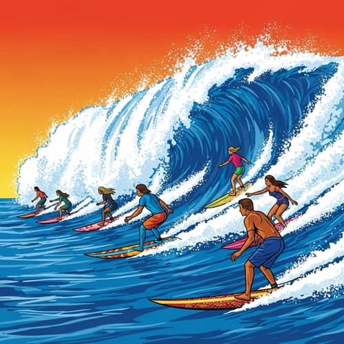 Multicultural Surfers Riding Gigantic Wave | Pop Art Style