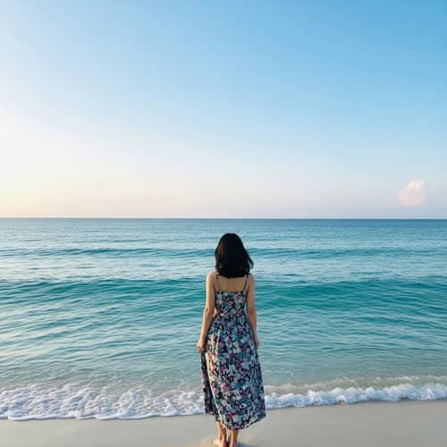 Tranquil Vietnamese Beach Sunset View | Ocean, Sky, Woman in Dress
