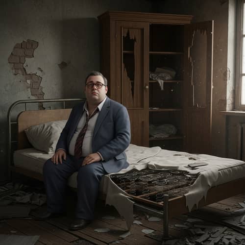 Professional Man sitting on Broken Bed with Broken Cupboard Backdrop