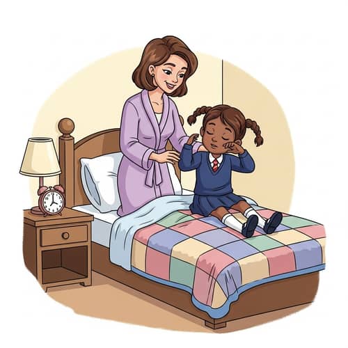 Cozy Bedroom Scene: Mother Waking Up Daughter in School Uniform