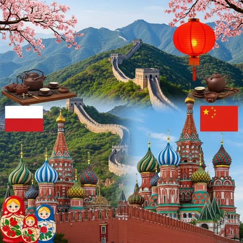 Russian and Chinese Cultural Screensaver - Matryoshka Dolls, Kremlin, Great Wall, Lantern, Tea Set, Cherry Blossoms