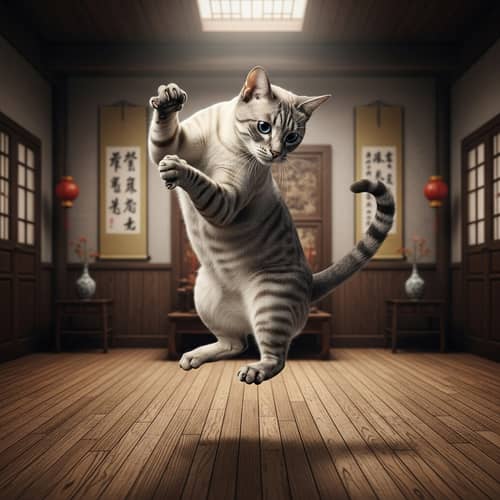 Grey-Striped Siamese Cat Displaying Kung Fu Moves