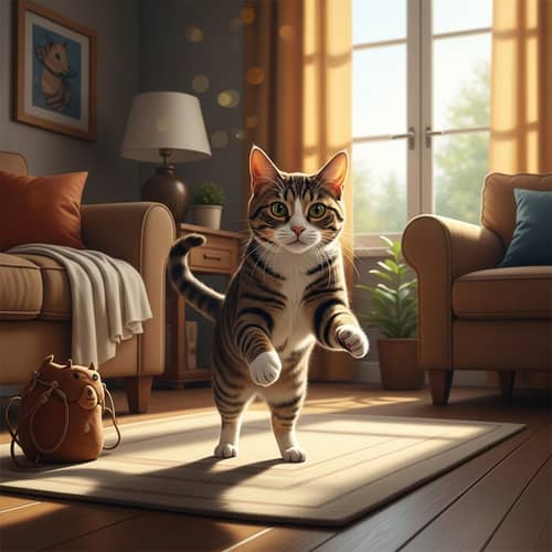 Playful Cat in Cozy Living Room - Grace and Inquisitiveness