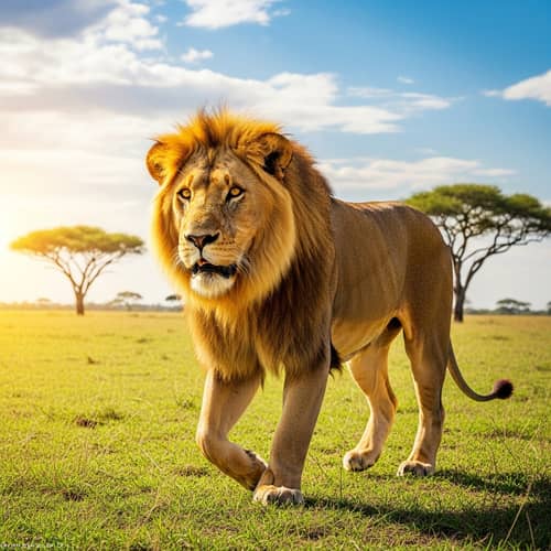 Majestic Adult Lion Strolling Across Sun-Drenched Savannah