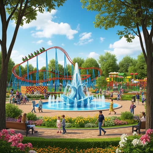 Vibrant City Park in Hindaun with Roller Coaster and Water Fountain
