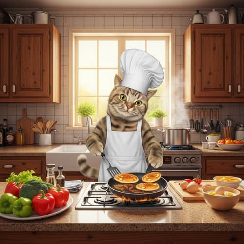 Cheerful Feline Chef Cooking in a Cozy Kitchen