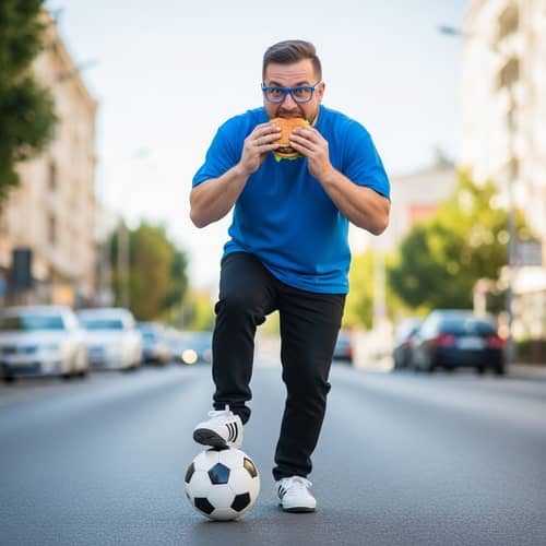 Tall Hunchbacked Man Playing Soccer and Eating Hamburger