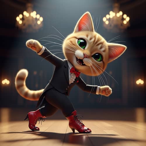 Passionate Tango Dancing Feline in Vibrant Red Boots