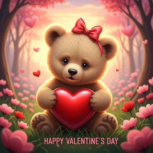 Adorable Baby Bear Celebrating Valentine's Day in a Dreamy Forest