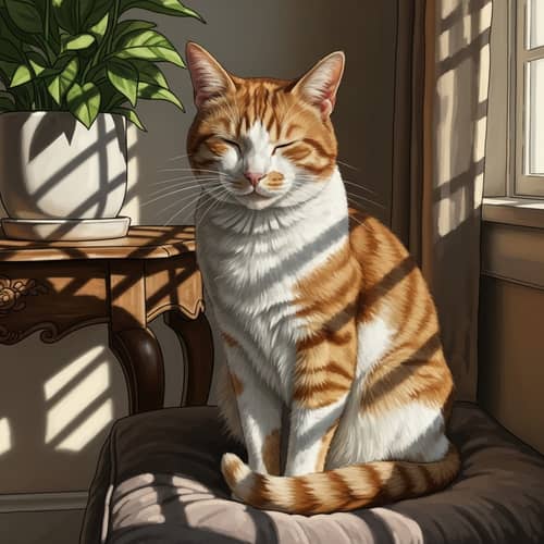 Orange and White Patched Cat Relaxing on Plush Cushion