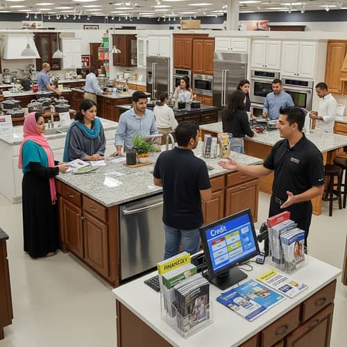 Kitchen Store: Diverse Customers Shopping for Kitchen Sets on Credit