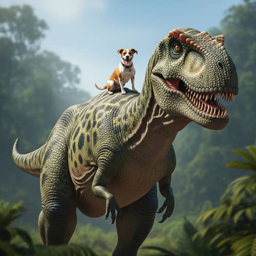 Jovial Dog and Colossal Dinosaur: Heartwarming Companionship in Jungle