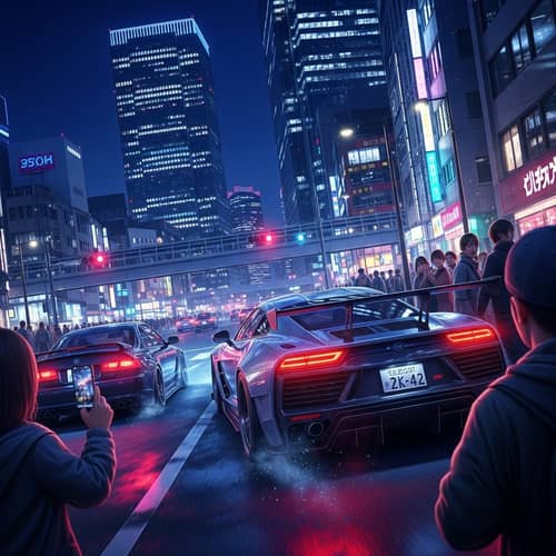 Exciting Night Racing Scene in Tokyo with Customized Sports Car