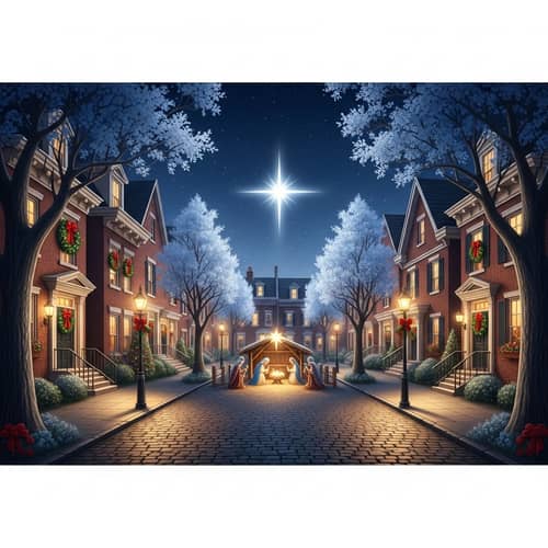 Charming Nativity Scene in Festive Neighborhood - Holiday Decorations