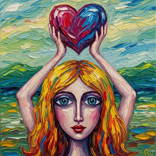 Vividly Colored Deformed Girl Holding Heart - Artistic Image