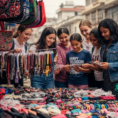 Diverse Girls Shopping at Street Market in Dharan, Nepal