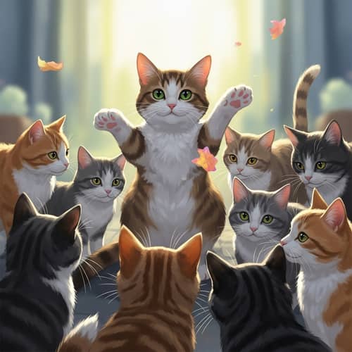 Enchanting Scene of Playful Cat and Inquisitive Felines