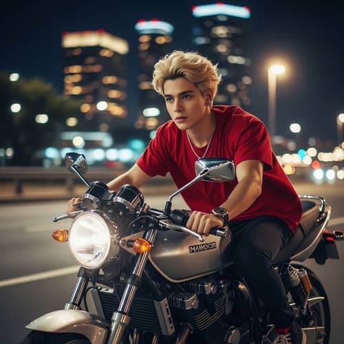 Young Man on Motorcycle at Night | Intriguing and Edgy Scene