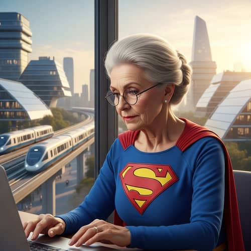 Elderly Woman in Superhero Costume at Laptop | Futuristic Trains Vista