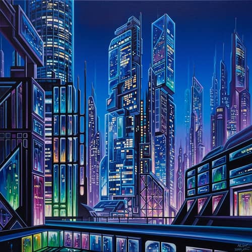 Futuristic City Night Scene | Intense Colors, Luminescent Reflections