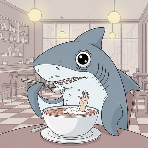 Cartoon Shark Eating Soup in Bistro | Illustration