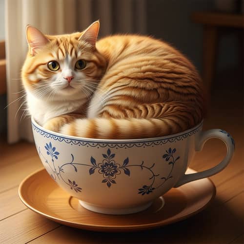 Fluffy Cat Relaxing in Cup - Cozy Feline Image