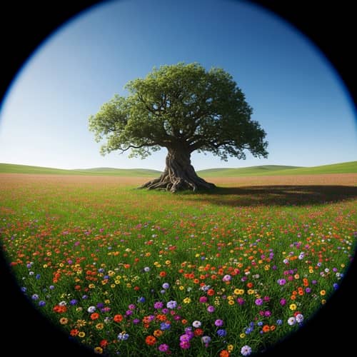 Surreal Floating Tree Surrounded by Vibrant Flowers