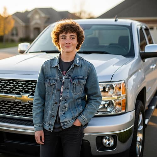 Caucasian Teen Boy with Curly Hair and Freckles | Silver Pick-Up Truck