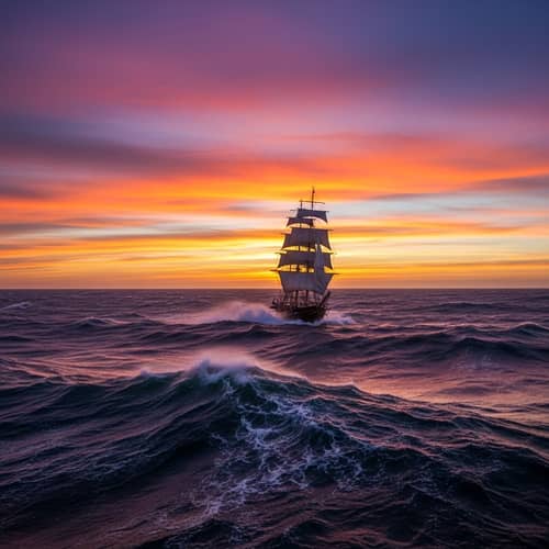 Sailing Ship Silhouette on Colorful Ocean at Sunset