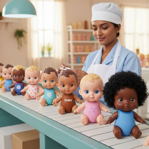 Heartwarming Toy Factory Scene: Diverse Toy Babies on Conveyor Belt