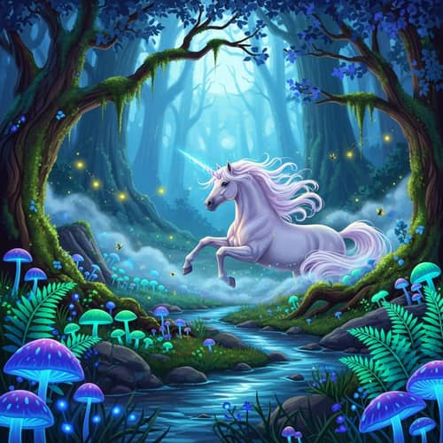 Captivating Woodland Glade Artwork with Majestic Unicorn