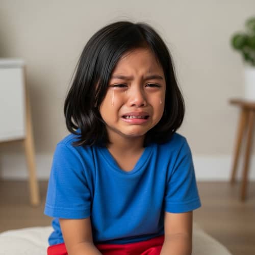 Emotional Filipino Child Crying in Beige Room