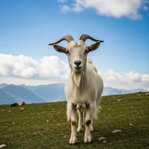 Curious Goat on Grassy Plain | Nature Photography