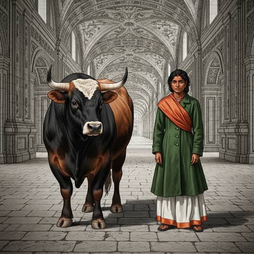 Bull and South-Asian Figure in Green Coat | Hyperrealist Art