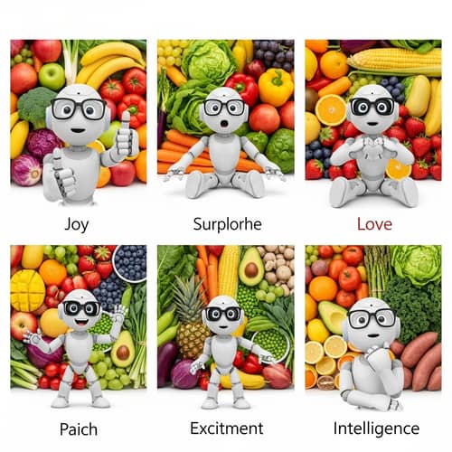 Fruit and Vegetable Background with White Robot in Various Emotions
