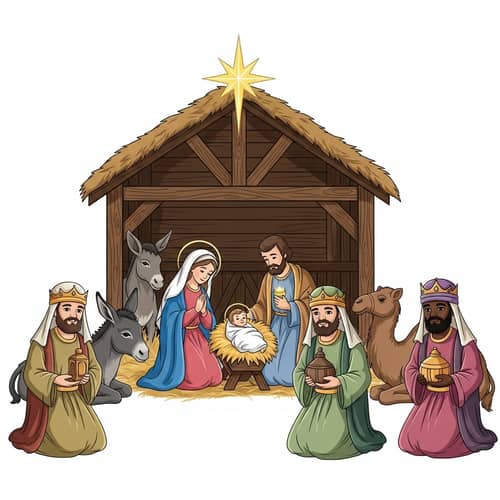 Nativity Scene with Mary, Joseph, Baby Jesus & Three Wisemen