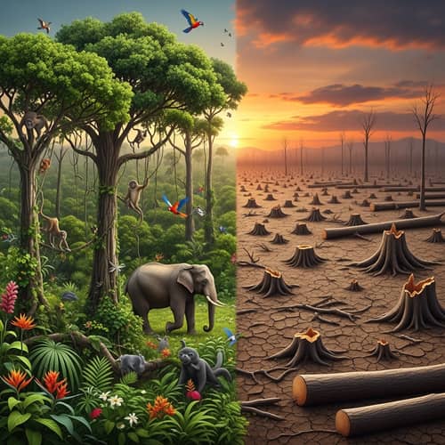 Verdant Forest Thriving with Wildlife vs Desolate Deforested Land