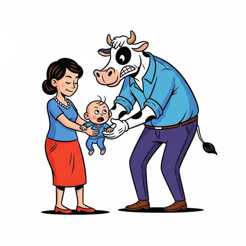 Playful Humanoid Cow Cartoon Taking Baby Illustration