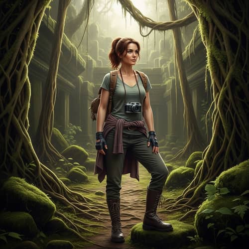 Adventure Woman in Ancient Jungle Ruin - Explore History