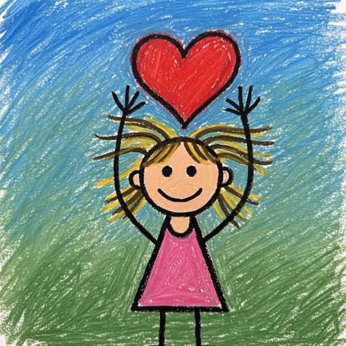 Whimsical Oil Pastel Art: Little Girl Holding Heart
