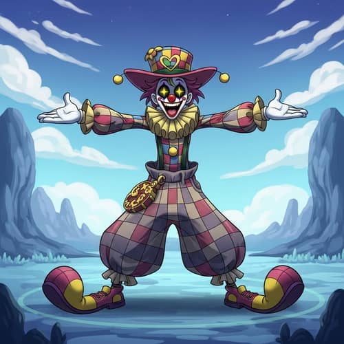 Mischievous Clown Character in Chaotic Outfit