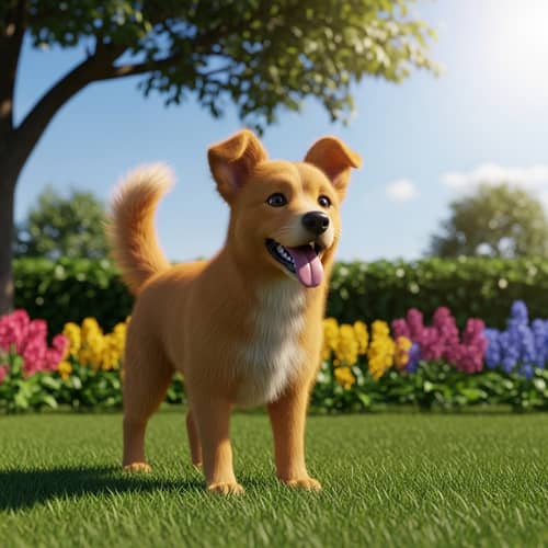Playful Golden Dog in Lush Garden | Cheerful Scene