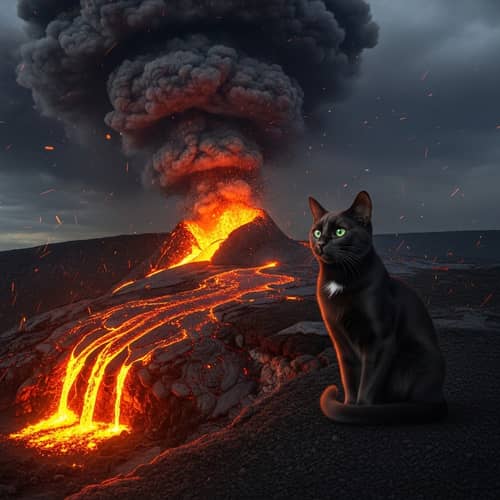 Eerie Cat at Volcanic Crater: Calm Amidst Lava Flow