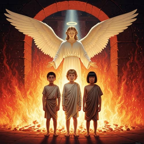 Angel Protects Three Calm Boys in Fiery Furnace
