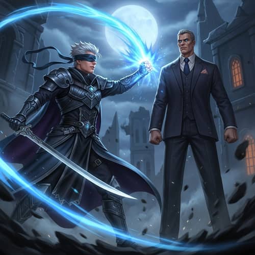 Mystical Combat Scene: Silver-Haired Figure vs. Commanding Male