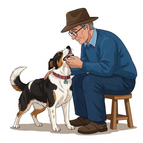 Playful Interaction Between Man and Tricolored Dog