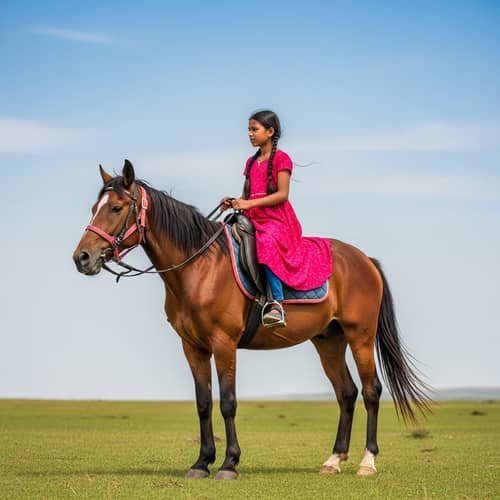 South Asian Girl in Pink Dress on Majestic Brown Horse