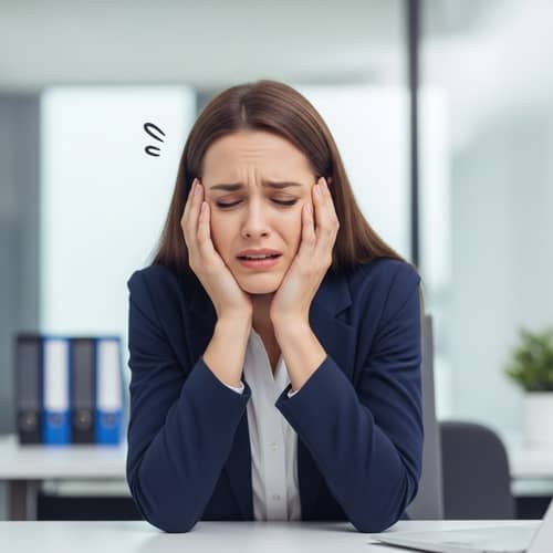 Workplace Harassment: Distressed Female Character in Professional Office
