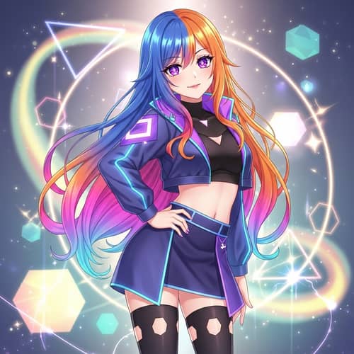 Seductive Anime-Style Girl with Colorful Hair and Trendy Outfit